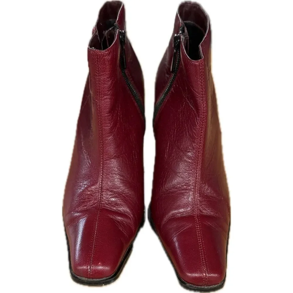 Minozzi Burgundy Leather Ankle Boots with Block Heel | EU 38 | US 7.5-8